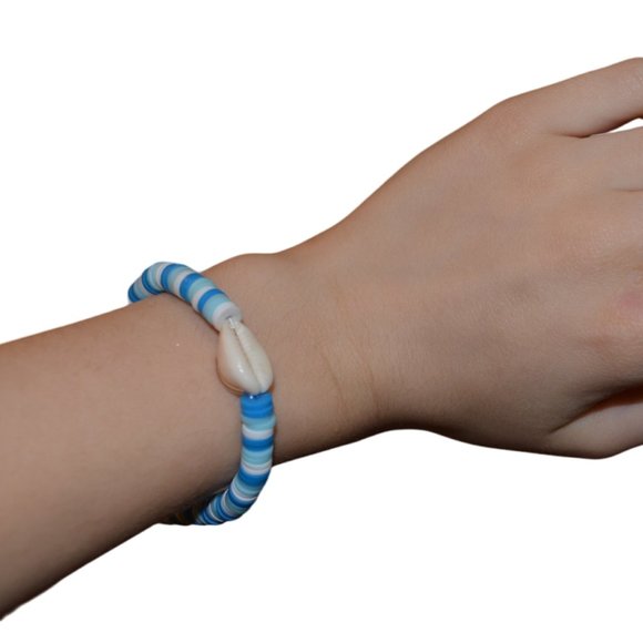 Handmade Cowrie Shell Clay Beads Elastic Kids Bracelet Blue 2.5 length in half - Picture 1 of 3